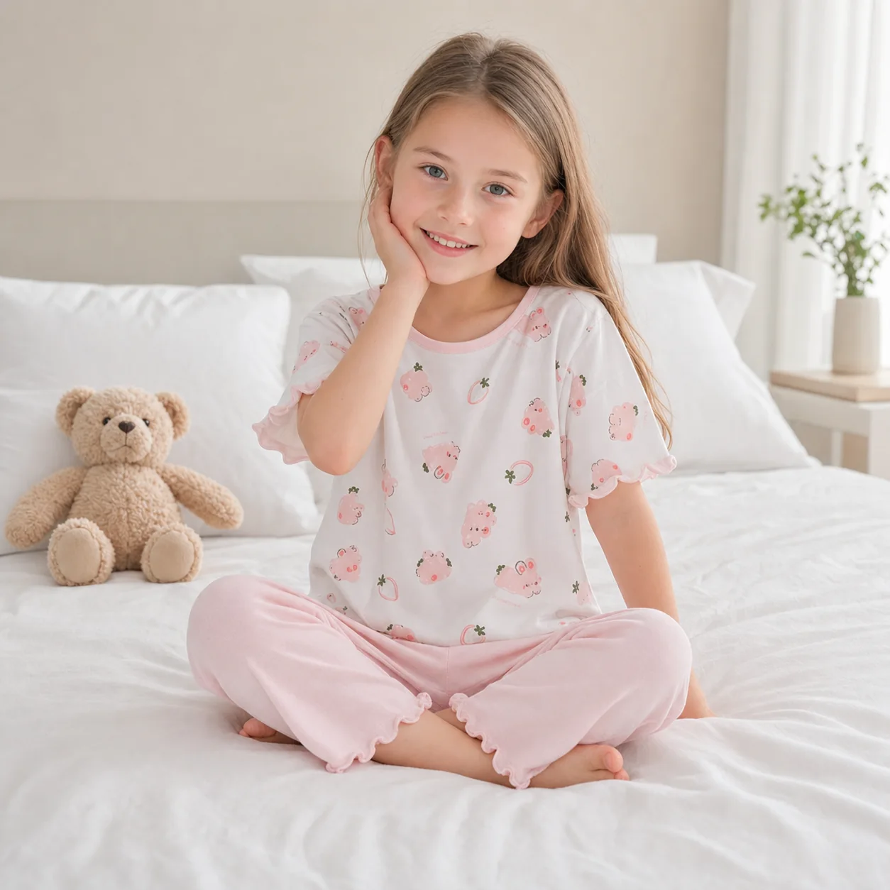 European girl wearing the featured pink printed short-sleeve top and full-length pant lounge set
